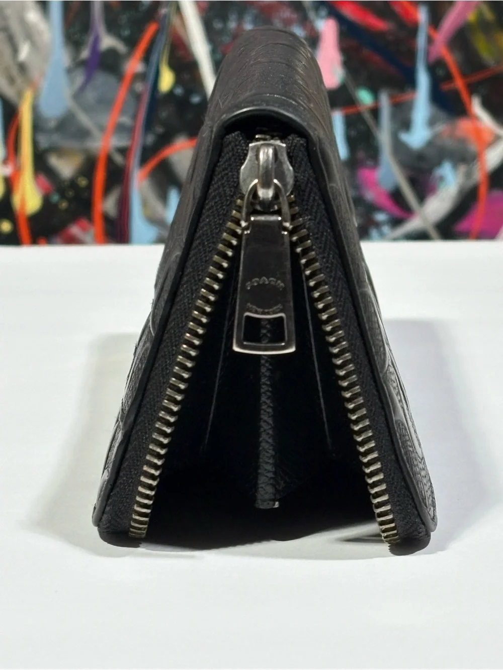 Coach Black Embossed Signature Leather Zip Around Wallet